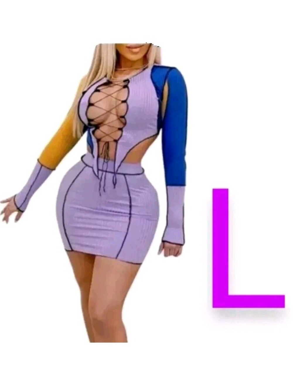 ⏺️Purple Color Block 2 PC Ribbed Lace Up Top & Mini Skirt~ Size L